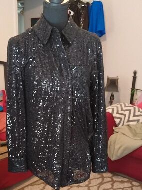 belk Black Sequin Shirt Jacket Large Pre-owned
